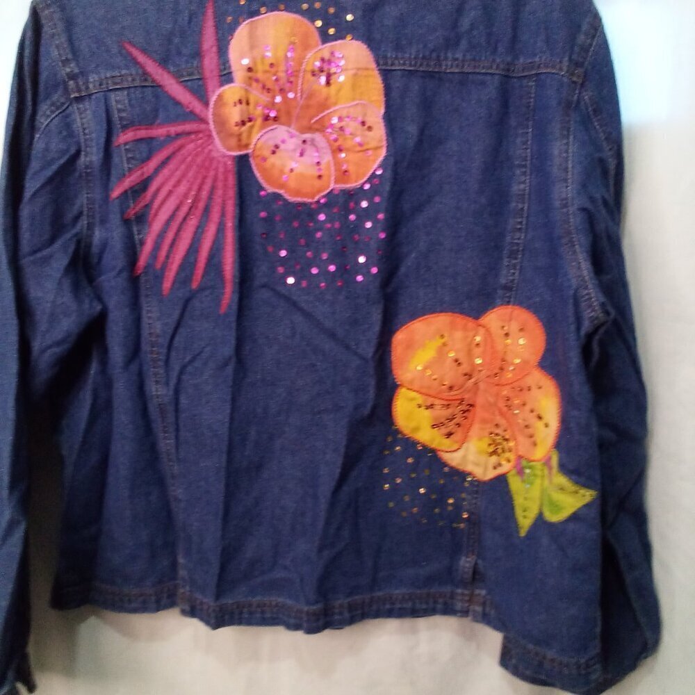 Lighthouse Apparel Jacket Women M Denim Flower Patches Sequins Button Up - Picture 14 of 15